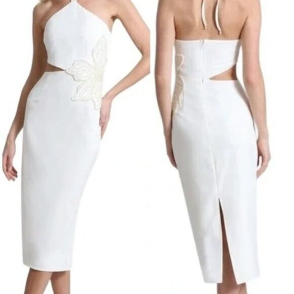 Avec Les Filles White Halter-Neck Floral Appliqué Midi Dress Size 12 NWT - Picture 8 of 9